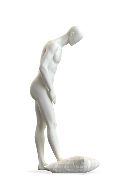 Product shot of a white Hans Boodt mannequin from the Blend — Frozen in Time collection standing in a deep forward bend, head lowered toward a quilted white cushion form at its feet. The figure is faceless and smooth. Shot with a translucent background.