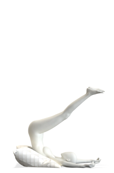 Product shot of a white Hans Boodt mannequin from the Blend — Frozen in Time collection in a low arched pose, legs raised with a sneaker at the apex, body curved toward the floor. A quilted white surface element is incorporated beneath the figure. Shot with a translucent background.