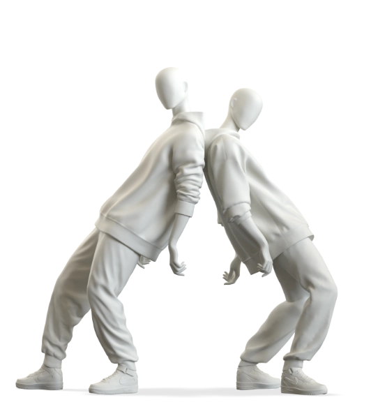 Product shot of two white Hans Boodt mannequins from the Blend — Frozen in Time collection, both dressed in matching white hoodies, joggers, and high-top sneakers, leaning back-to-back in a mirrored dance pose. The figures have a glossy finish and smooth, featureless oval heads. Shot with a translucent background.