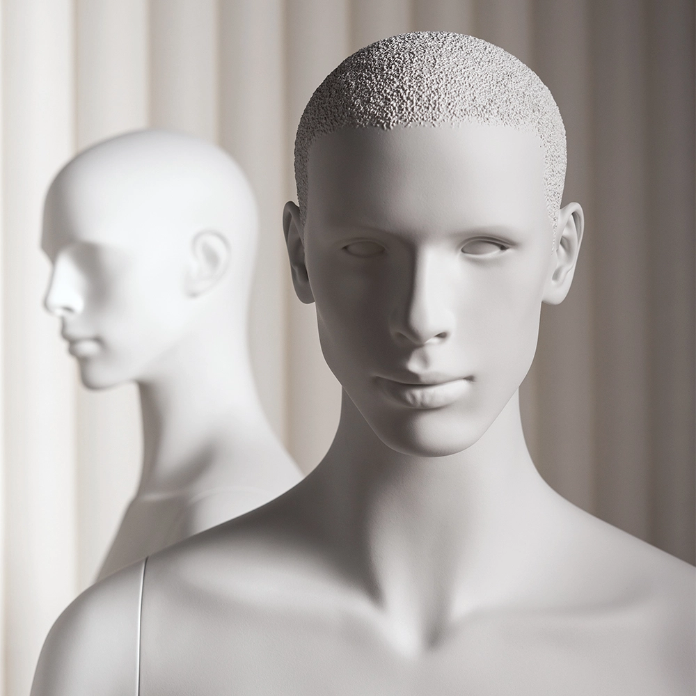 a closeup of a realistic mannequin head from the essential collection