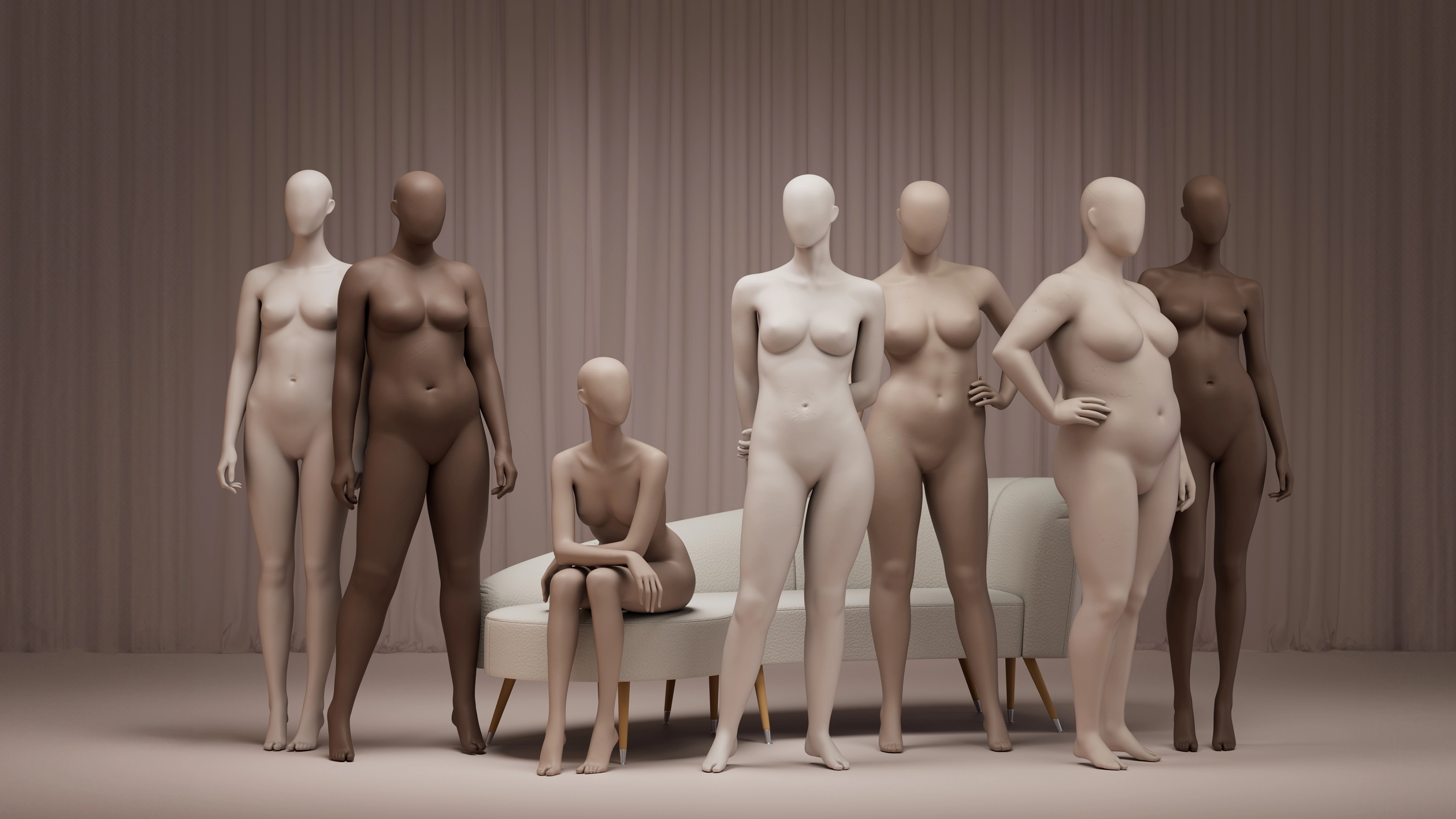 A mix of female mannequins with different skin colors from the Every Body collection