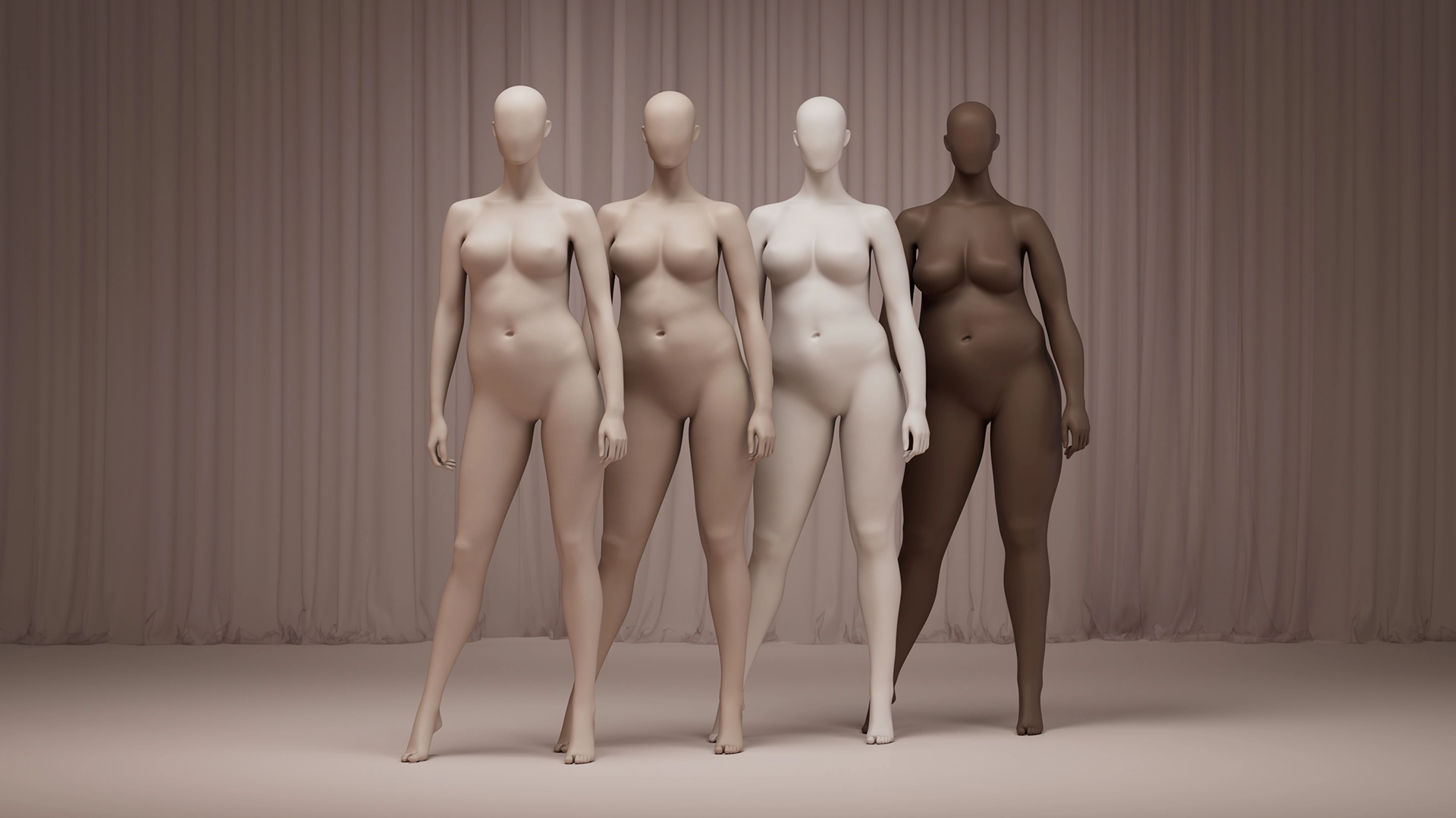 A mix of female mannequins with different skin colors from the Every Body collection
