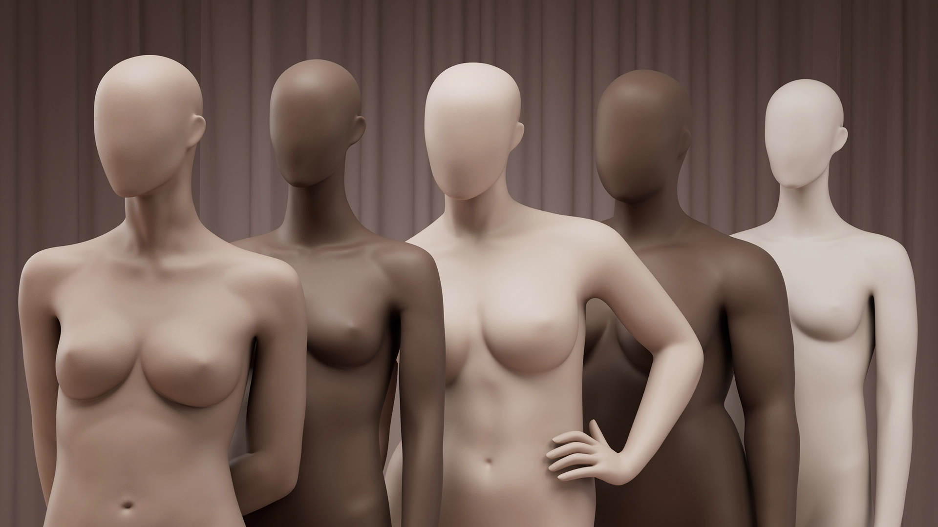 A mix of female mannequins with different skin colors from the Every Body collection