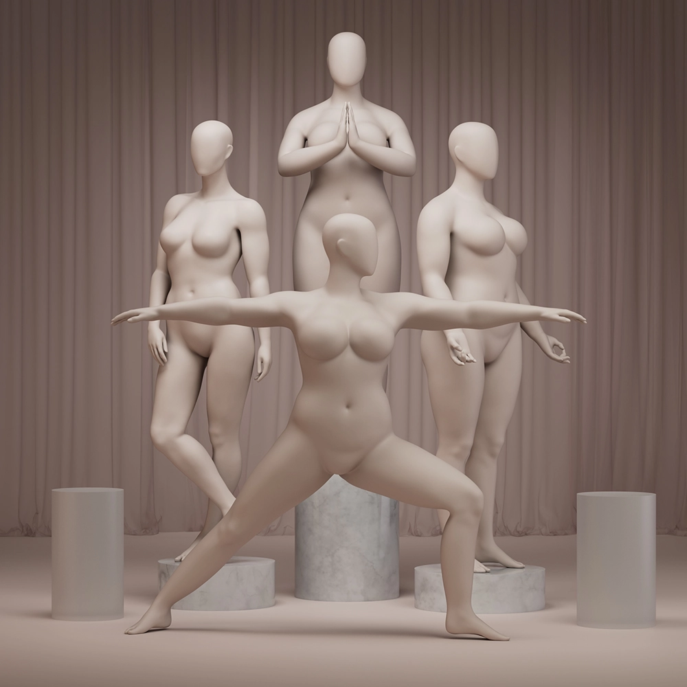 A mix of female mannequins in sport poses from the Every Body collection