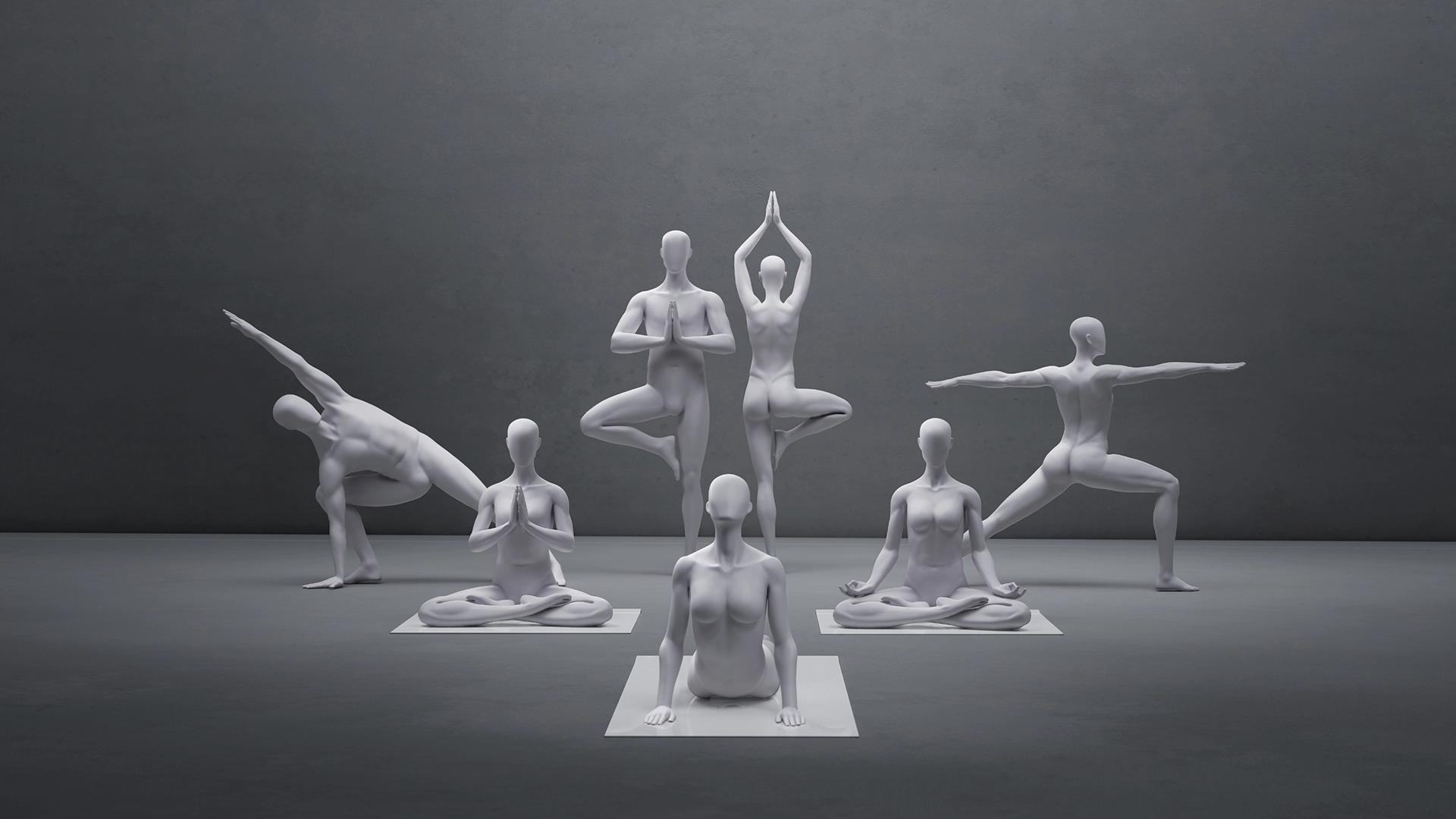 a group of female sport mannequins in yoga poses