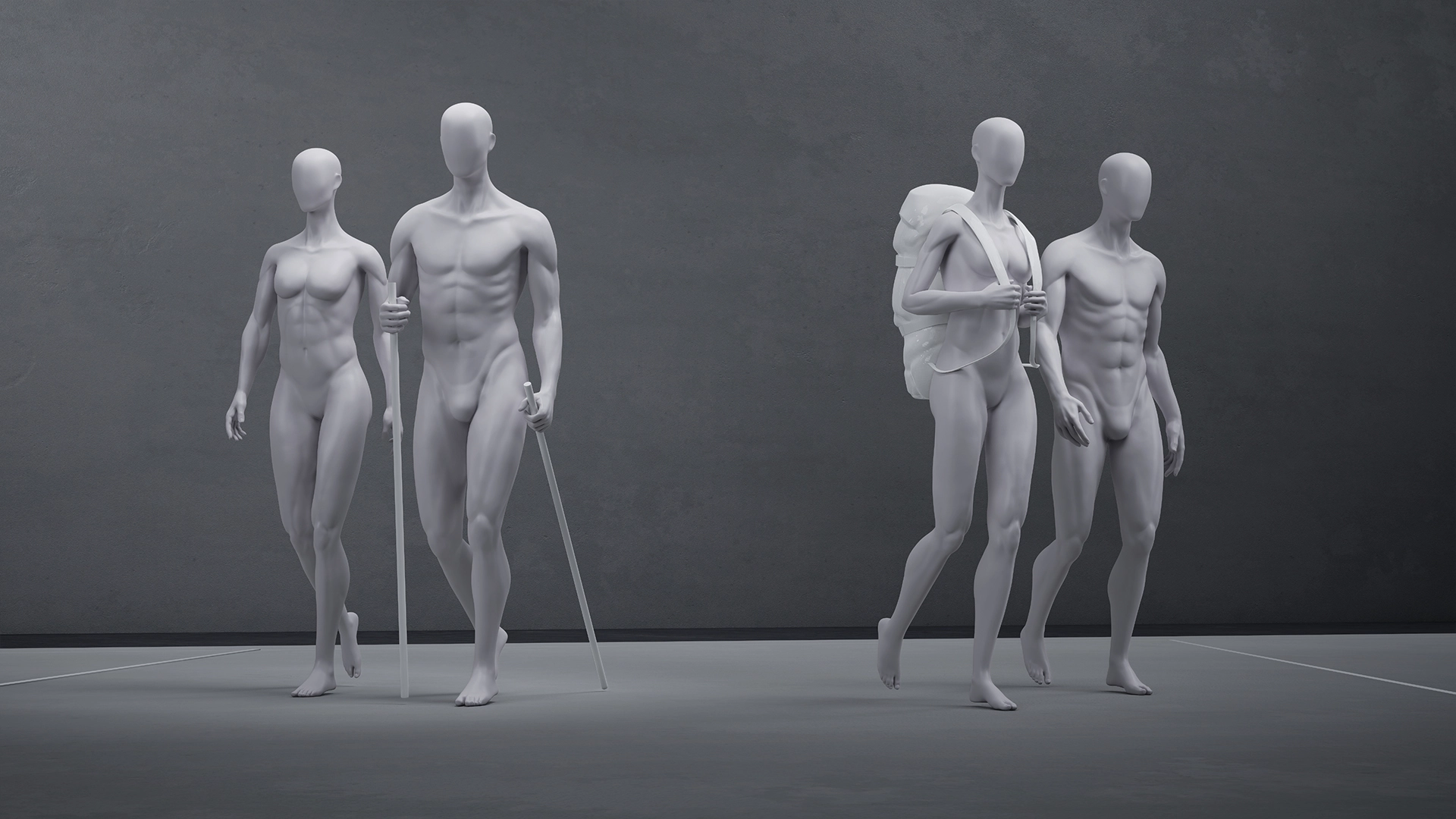 a group of male and female sport mannequins in hiking and outdoor poses
