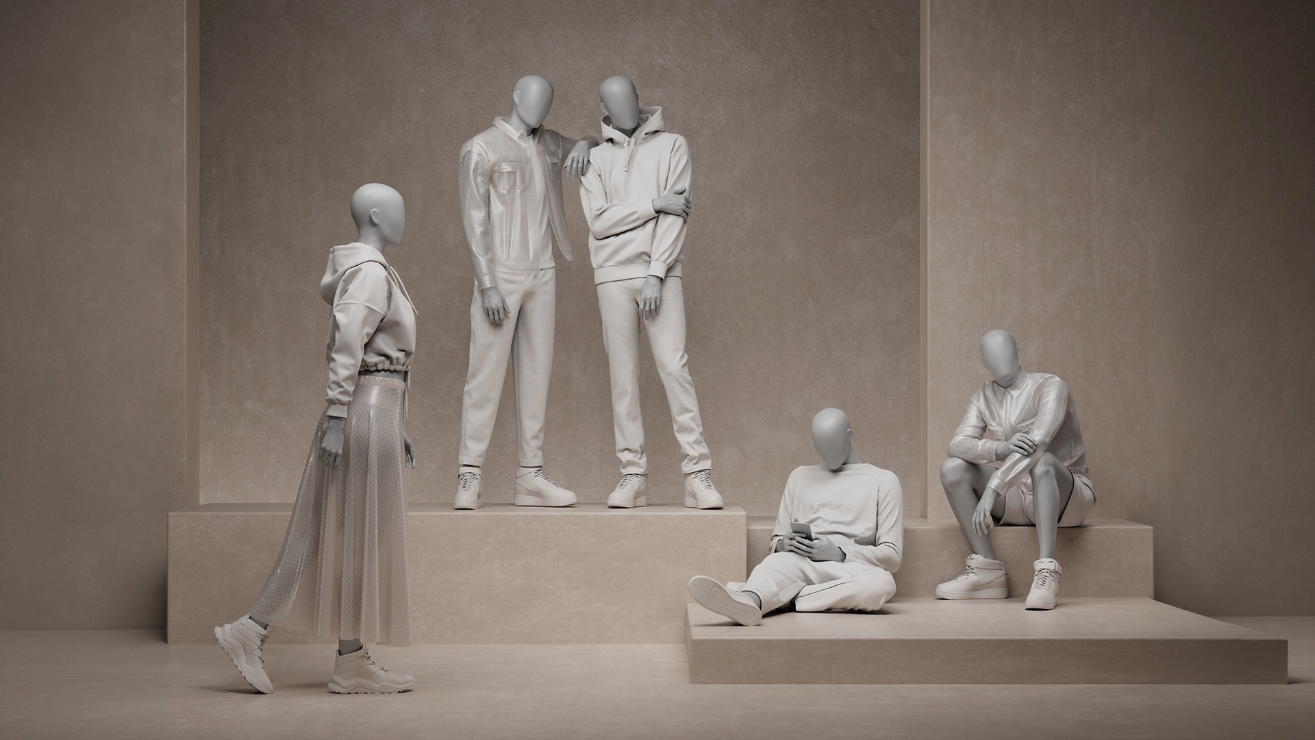 abstract dressed group of female and male mannequins from the untitled collection