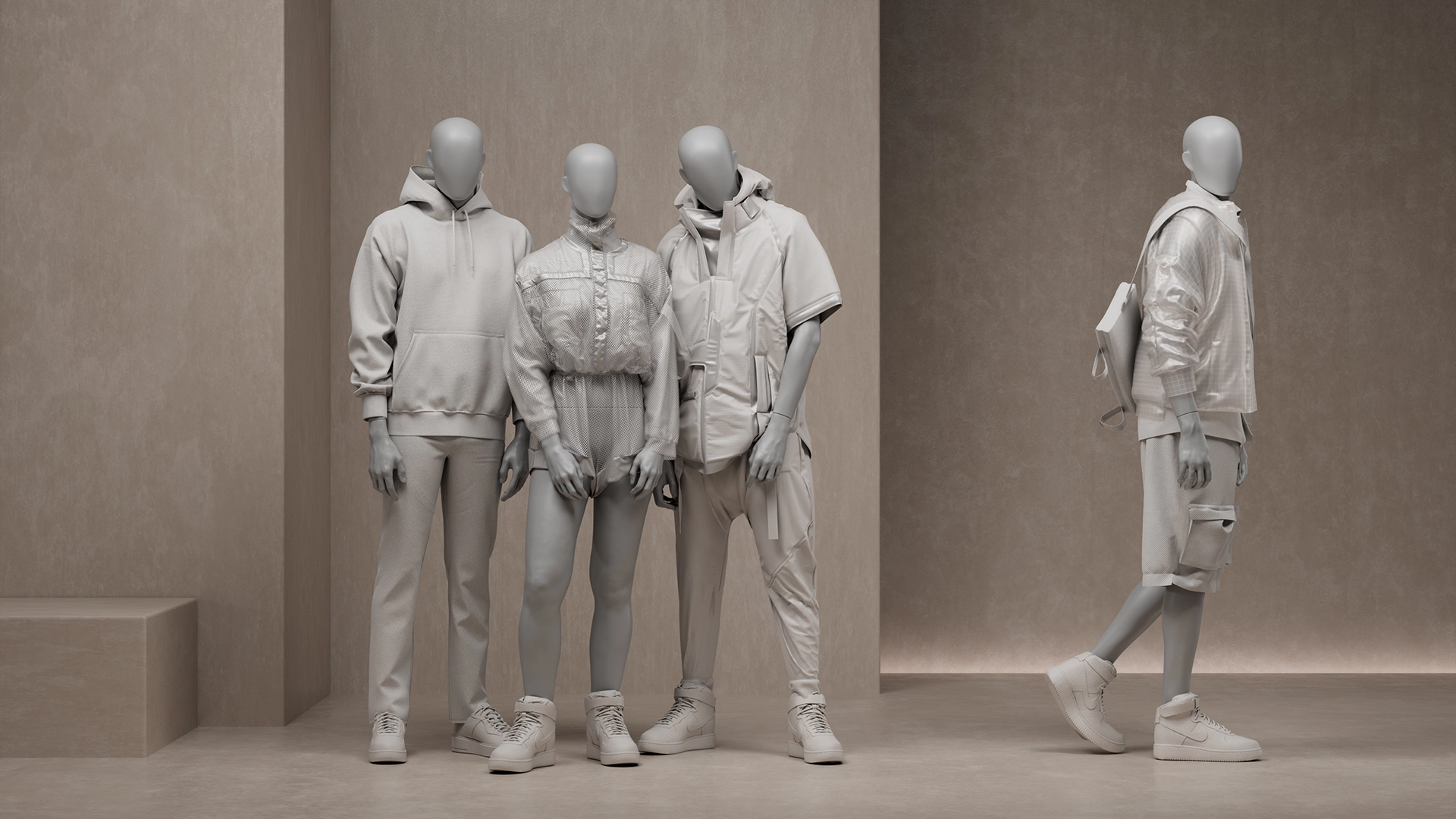 abstract dressed group of female and male mannequins from the untitled collection
