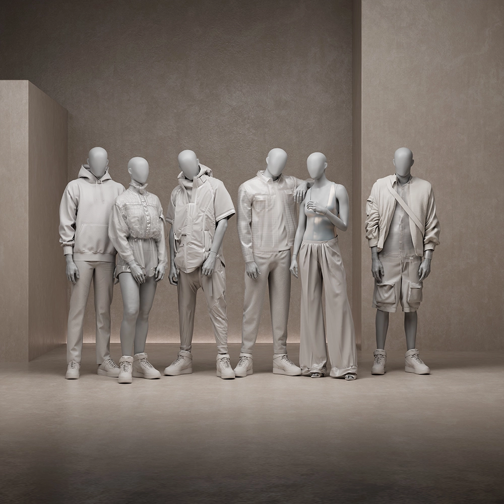 abstract dressed group of female and male mannequins from the untitled collection