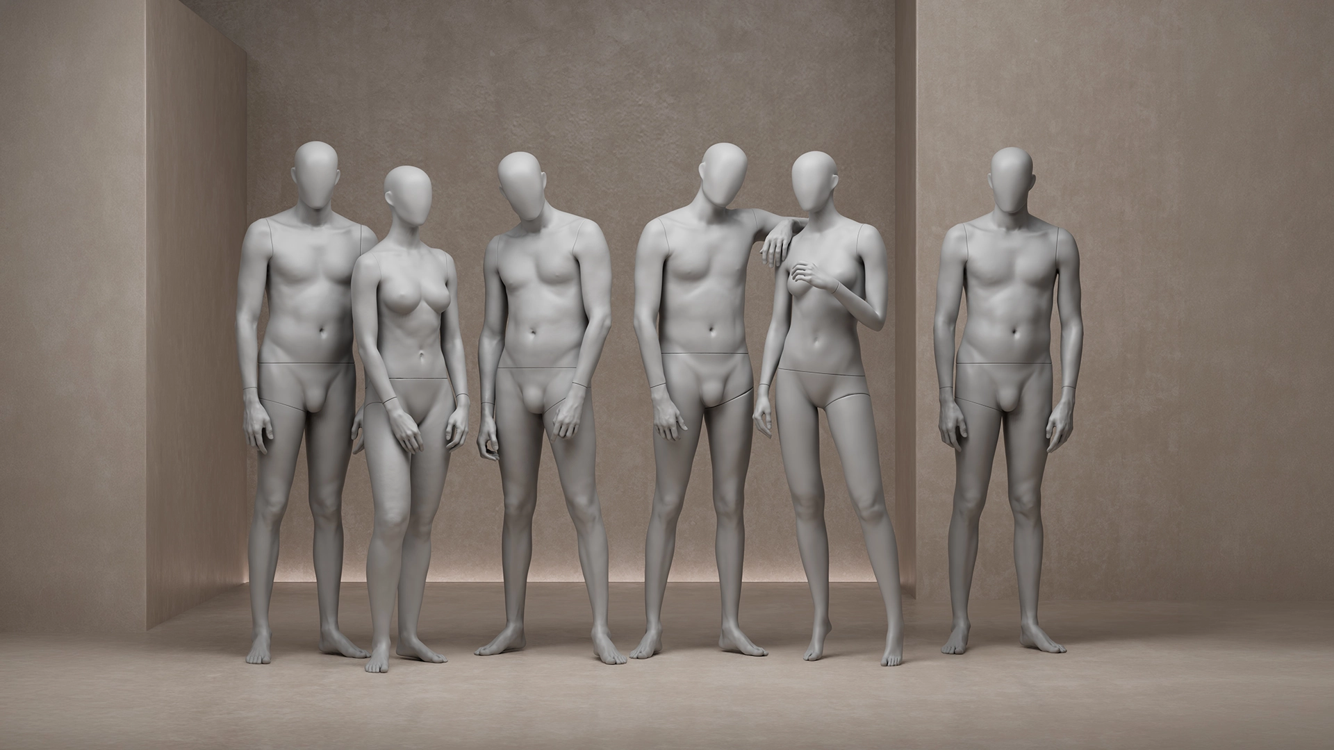 abstract undressed group of female and male mannequins from the untitled collection