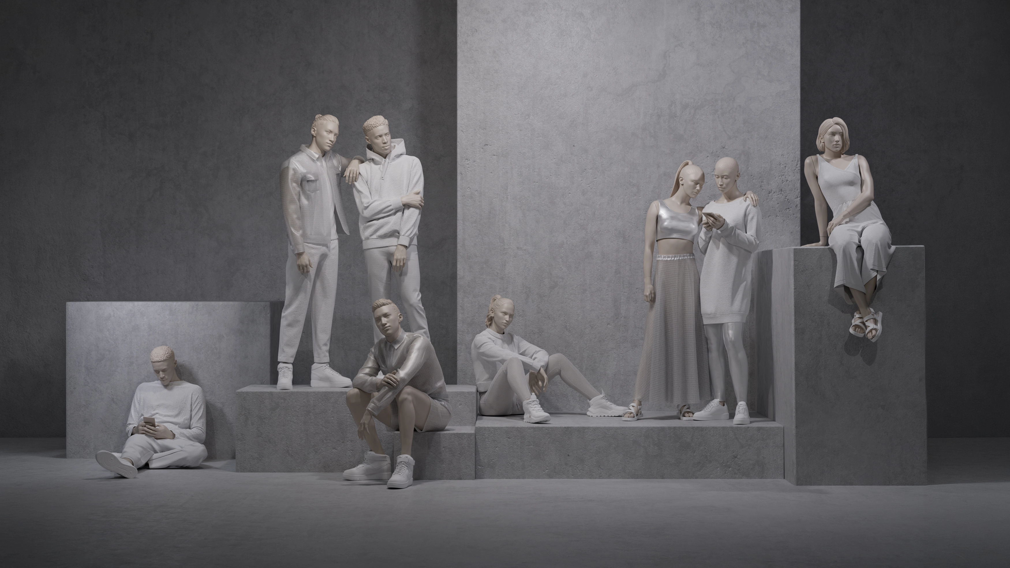 realistic dressed group of female and male mannequins from the untitled collection