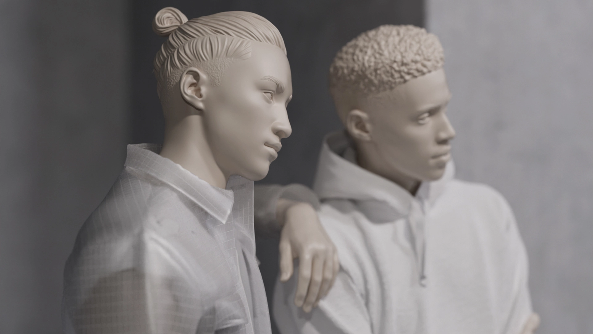 closeup of realistic dressed male mannequins from the untitled collection
